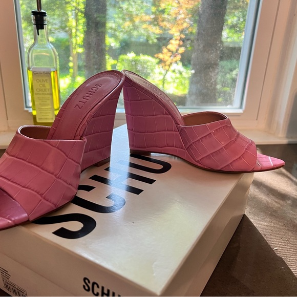 Schutz Shoes | Schutz Pink Women Lucimara Crocodile Embossed Leather Wedge slide - Picture 4 of 5